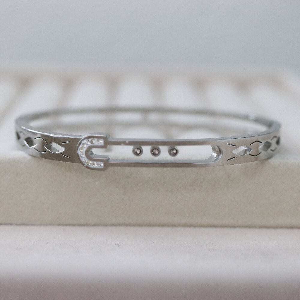 Safety Pin Style with Clear Rhinestone Bangle Bracelet Silver Stainless Steel